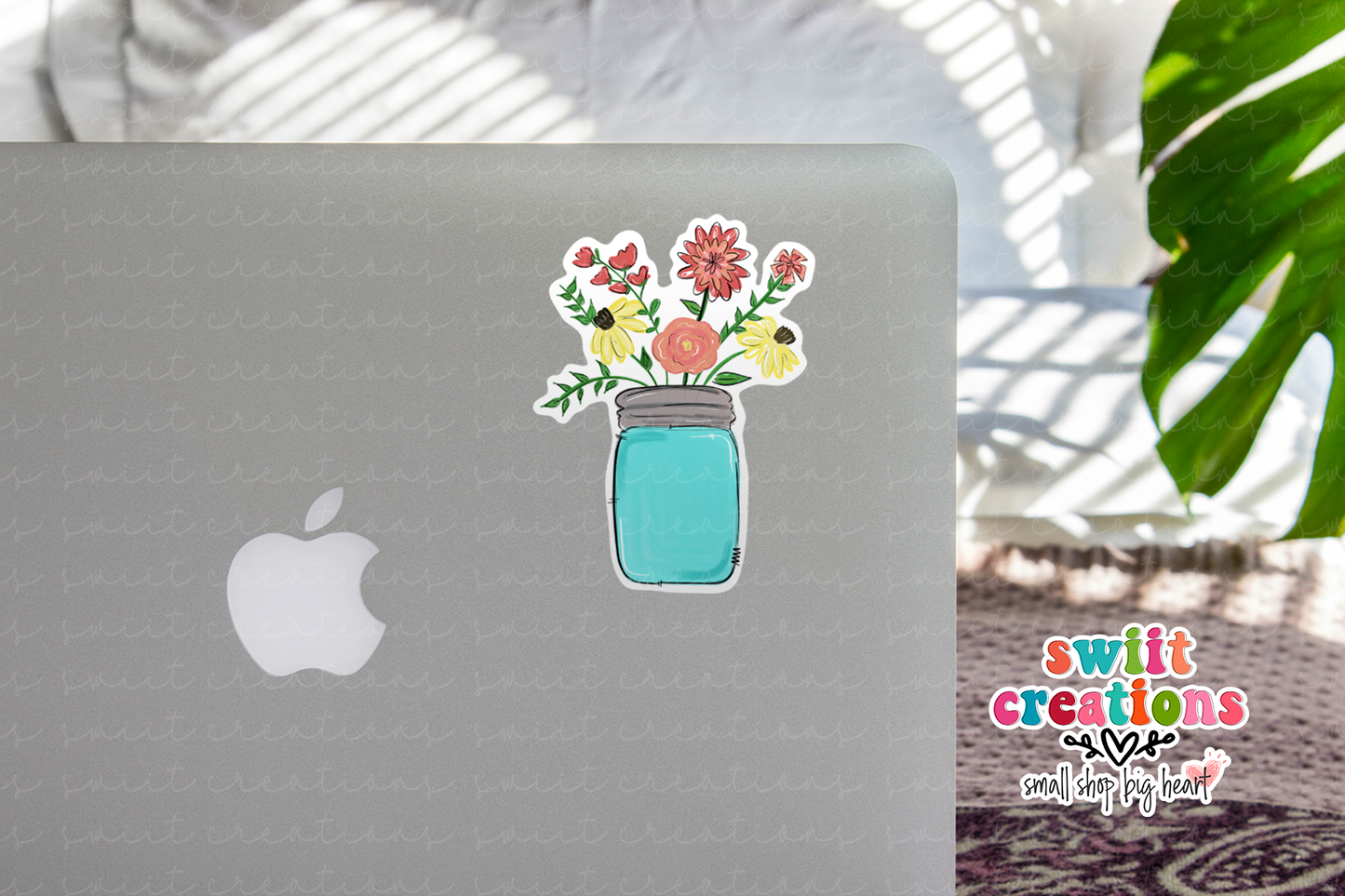 Colored Mason Jar with Flowers Waterproof Sticker  (SS084) | SCD250