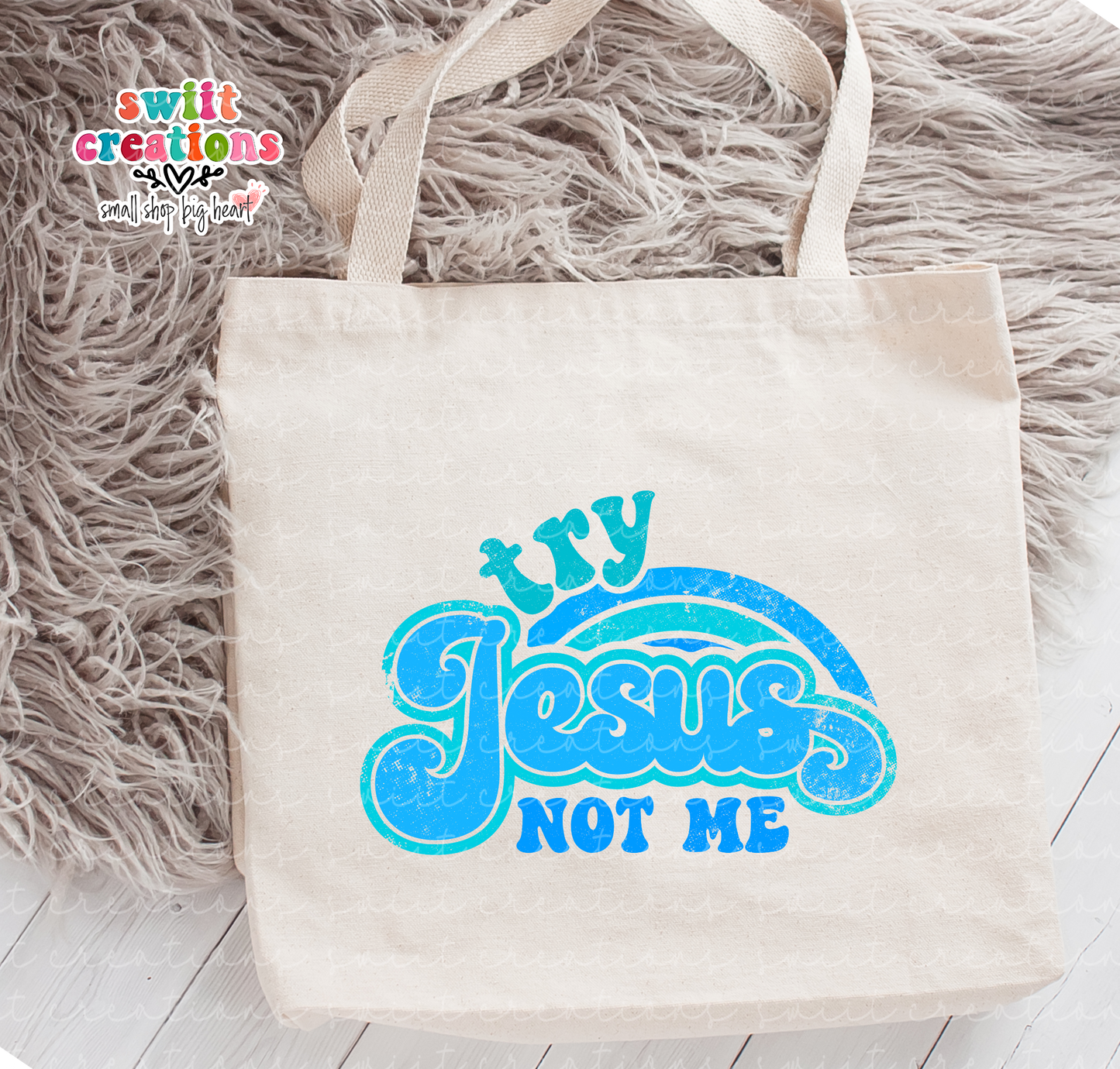 Try Jesus Not Me Blue Large Linen Tote