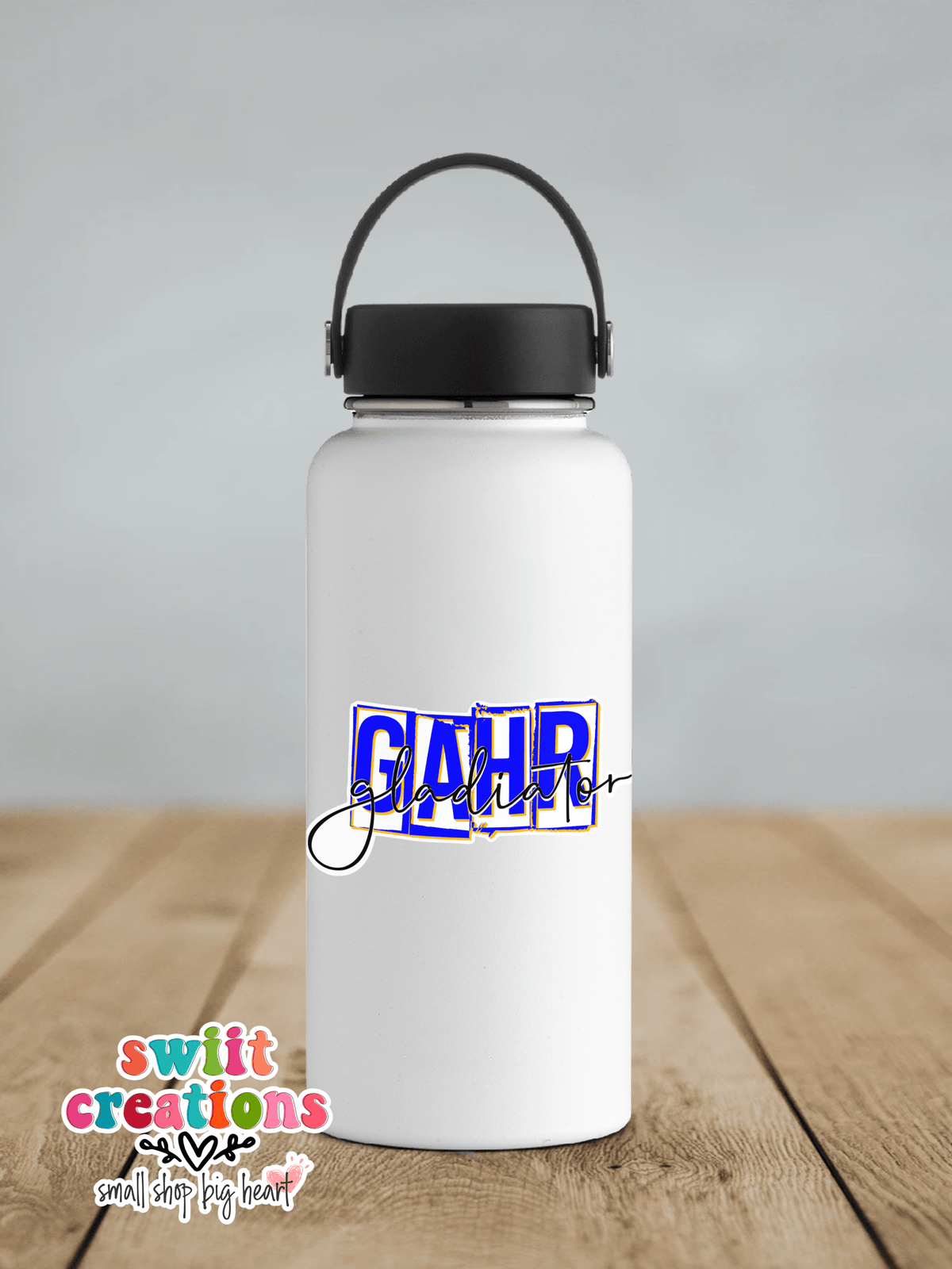 Gahr Gladiators Blue Script sticker on a white insulated water bottle