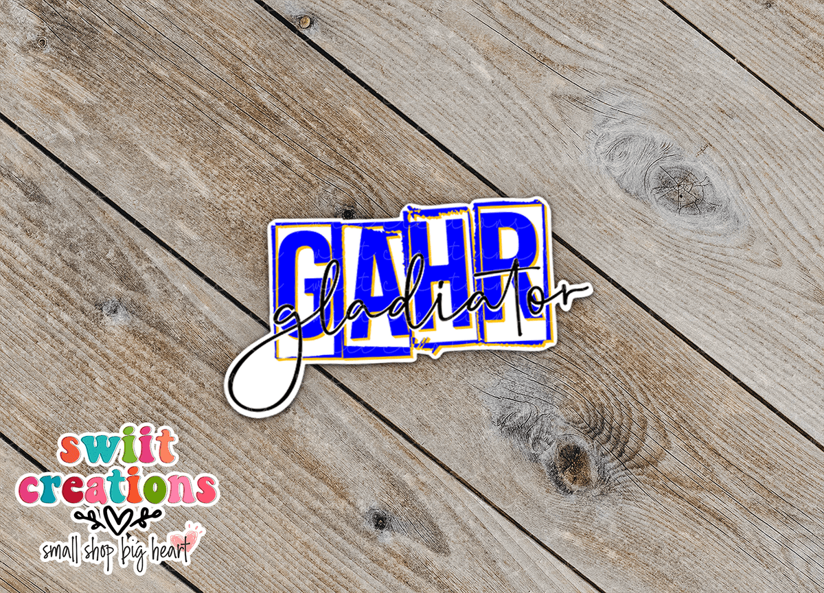 Gahr Gladiators Blue Script sticker on the lid of a silver laptop