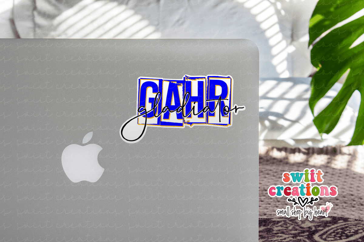 Close-up of the Gahr Gladiators Blue Script sticker on rustic wood
