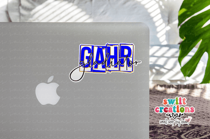Close-up of the Gahr Gladiators Blue Script sticker on rustic wood