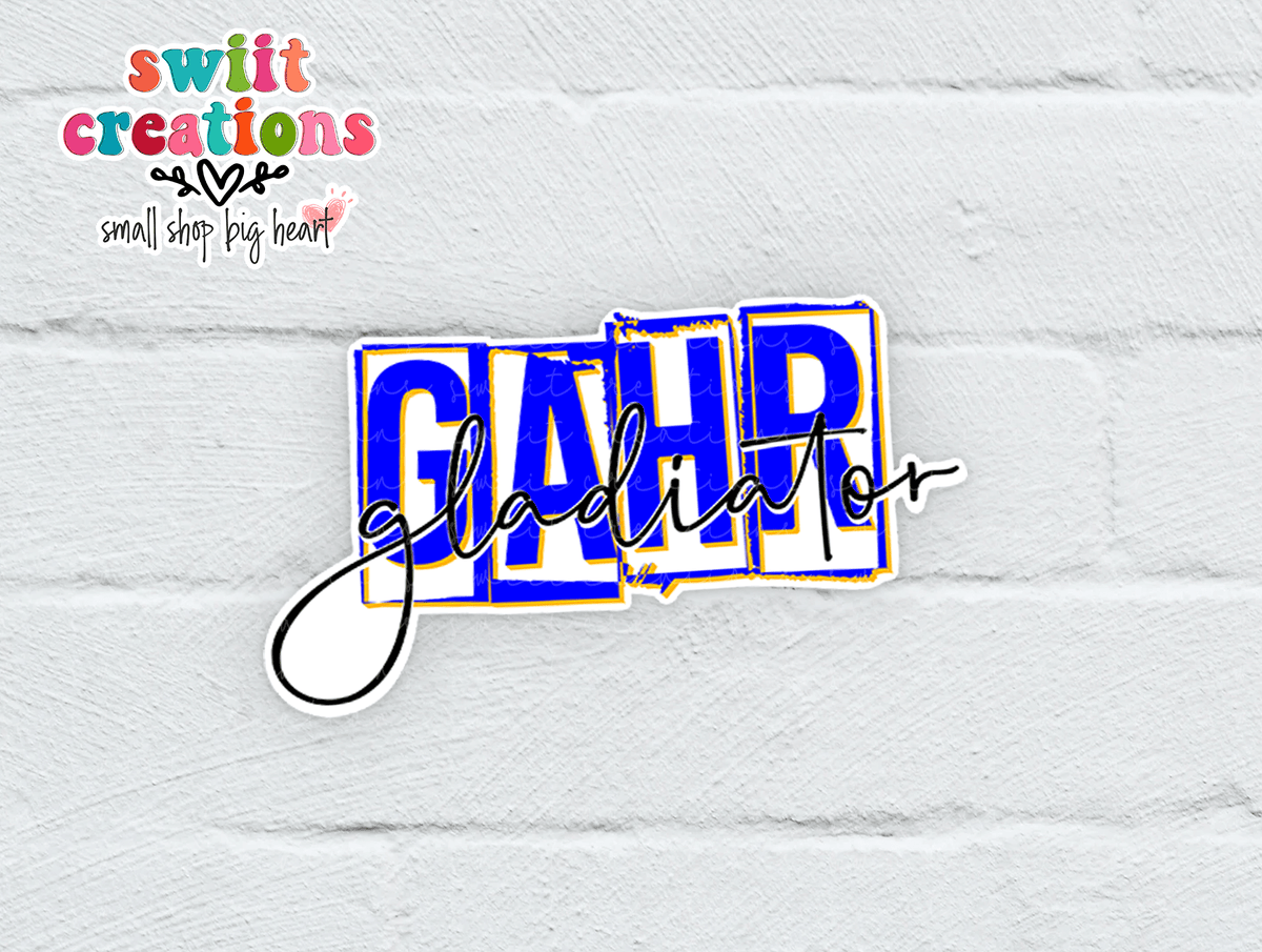 Gahr Gladiators Blue Script sticker on a white brick wall with the Swiit Creations logo